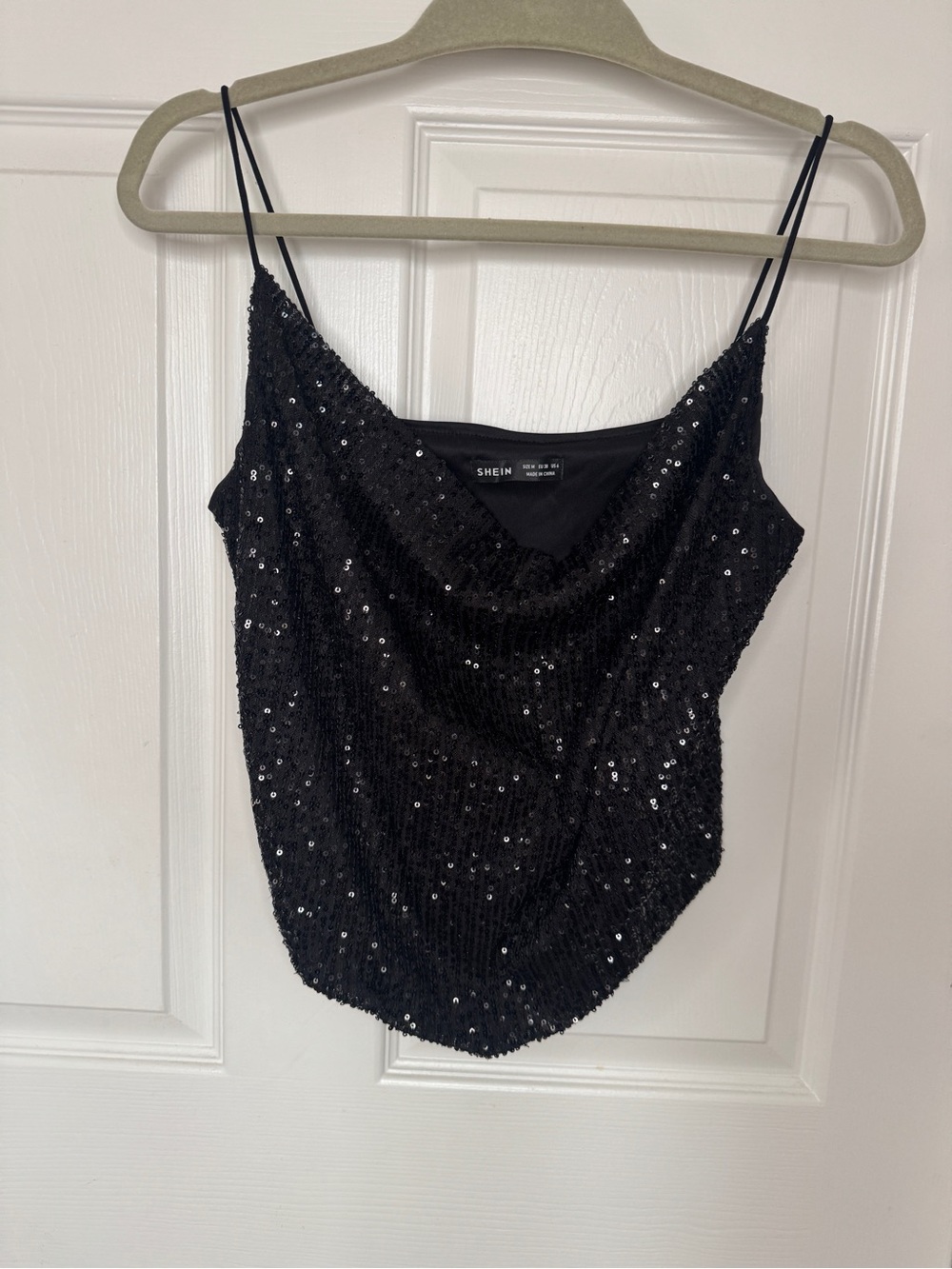 SHEIN Black Sequin Cowl Neck Spaghetti Strap Camisole